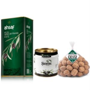 Natürel Sızma Zeytinyağı 5 lt + Zeytin 291-320 Kalibre 2 kg Teneke Kutu + Kabuklu Ceviz 1 kg File