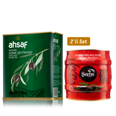 Natürel Sızma Zeytinyağı 2L Teneke + Yağlı Siyah Sele Zeytin 2 Kg 291-320 Kalibre (2'li Ekonomik Paket)