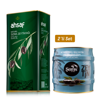 Natürel Sızma Zeytinyağı 5L Teneke + Yağlı Sele Siyah Zeytin 2 Kg 261-290 Kalibre