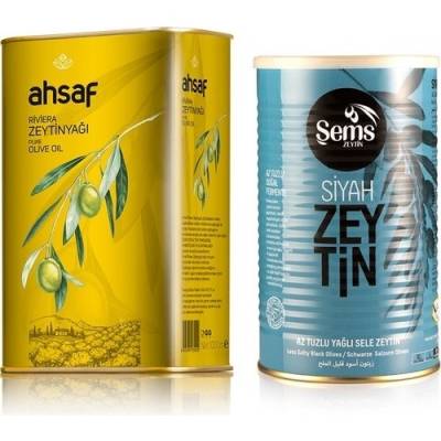 Ahsaf Riviera Teneke Zeytinyağı 1 lt + Şems Yağlı Sele Siyah Zeytin (261-290) 900 gr (2'li Ekonomik Paket)