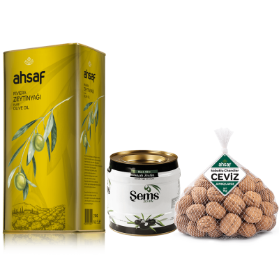 Riviera Zeytinyağı 5L Teneke + Şems Siyah Zeytin 2 Kg 261-290 Kalibre + Kabuklu Yerli Ceviz (Jumbo/Large) 1 Kg