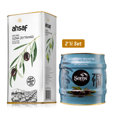 Şems Yağlı Siyah Sele Zeytin 2 Kg 261-290 Kalibre + Soğuk Sıkım Natürel Sızma Zeytinyağı 5L -Teneke (2'li Ekonomik Paket)